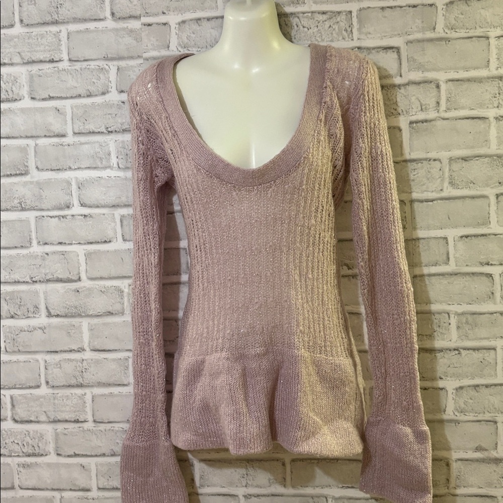 Nevada women’s crocheted sweaterer, long swoop neckline, small, lilac shimmer